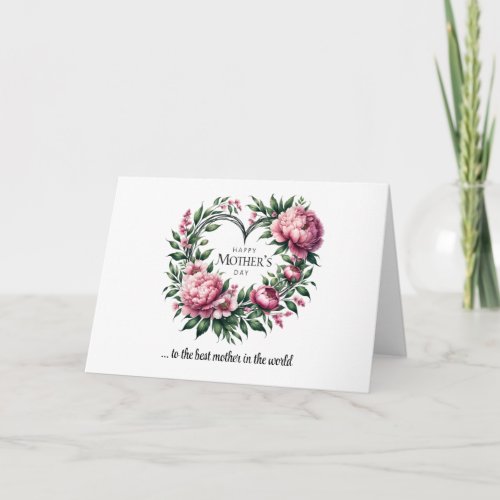 Blooming blush peonies heart wreath Mothers Day Card