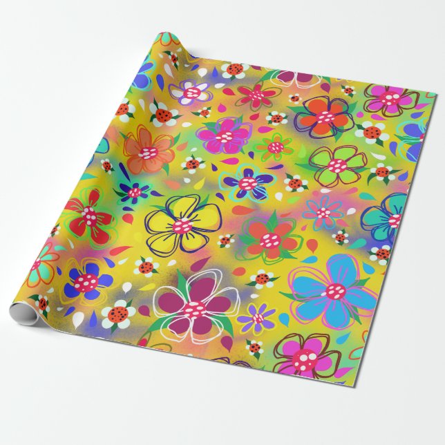 Blooming Boho Flowers on Yellow Cute Wrapping Paper (Unrolled)