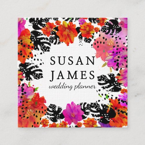 Blooming Bold Tropical Watercolor Trendy Floral Square Business Card