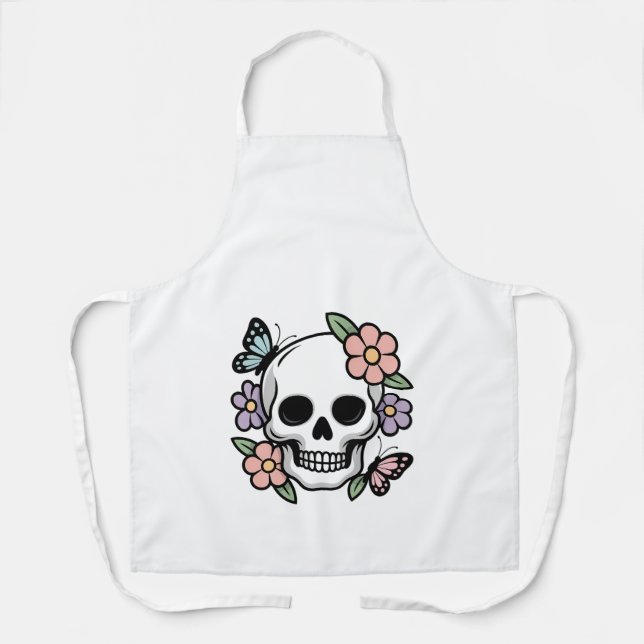 Blooming Bones Cute Floral Skull Sticker Apron (Front)