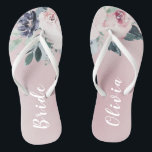 Blooming botanical blush floral Personalized bride Flip Flops<br><div class="desc">Watercolor botanical floral and greenery in blush pink and navy,   elegant and romantic,   great personalized gifts for bride</div>