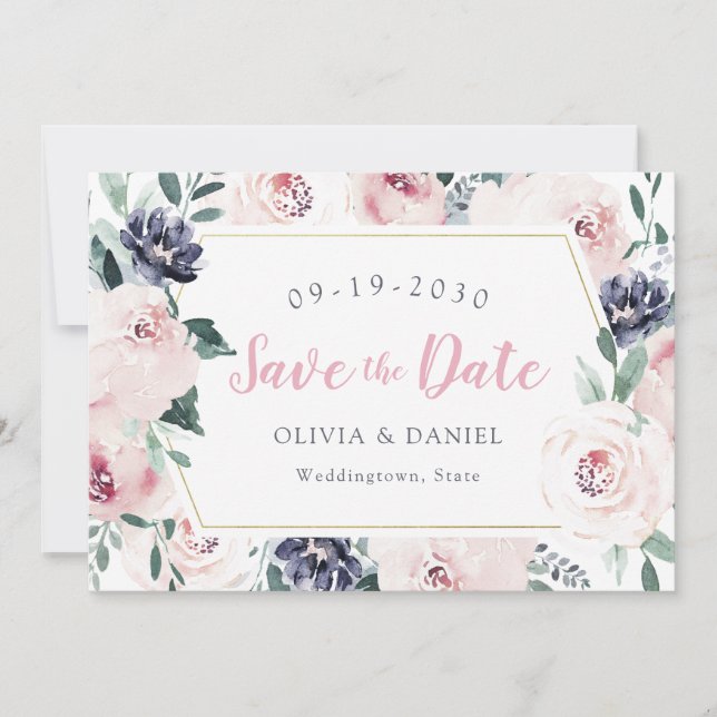 Blooming botanical blush floral save the date (Front)