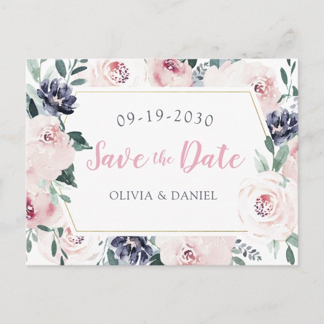 Blooming botanical blush floral save the date announcement postcard (Front)