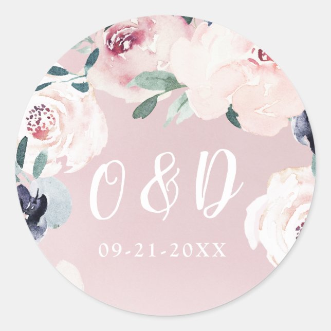 Blooming botanical blush floral Wedding monogram Classic Round Sticker (Front)