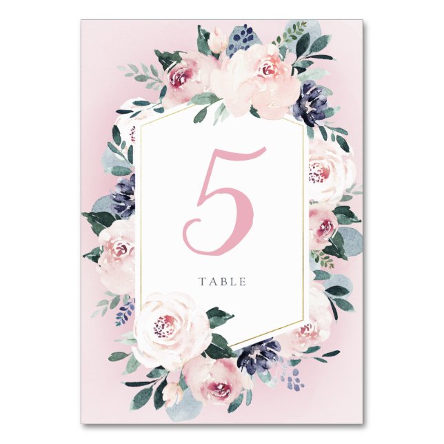 Blooming botanical blush watercolor floral Wedding Table Number (Front)