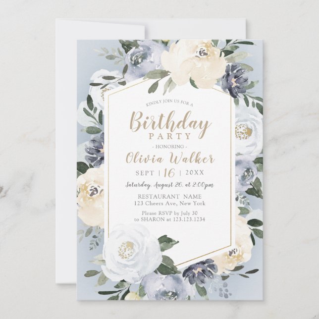 Blooming botanical dusty blue birthday Party Invitation (Front)