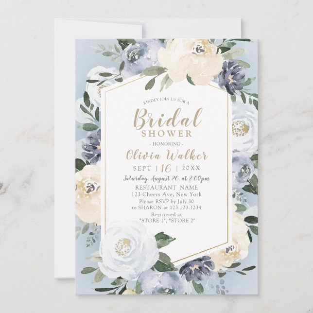 Blooming botanical dusty blue floral Bridal Shower Invitation (Front)