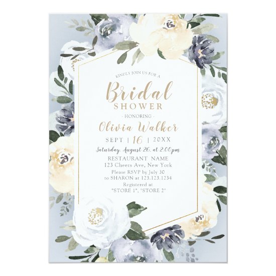 Blooming botanical dusty blue floral Bridal Shower Invitation