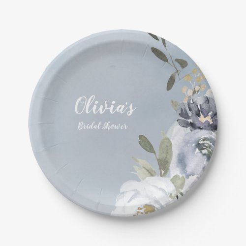 Blooming botanical dusty blue floral bridal shower paper plates