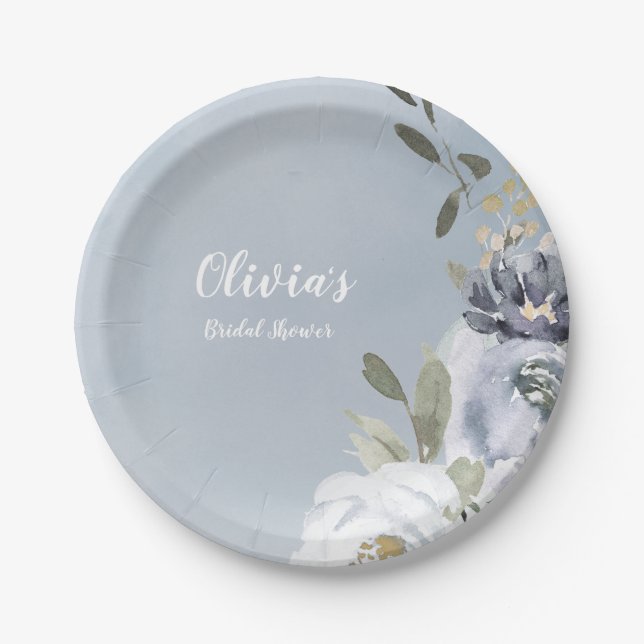 Blooming botanical dusty blue floral bridal shower paper plates (Front)