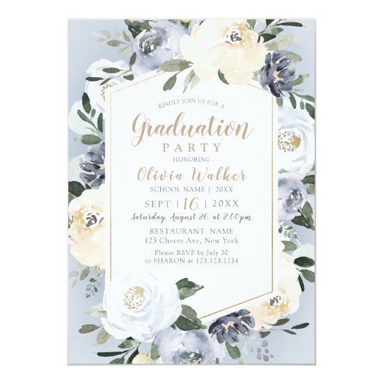 Blooming botanical dusty blue floral graduation invitation