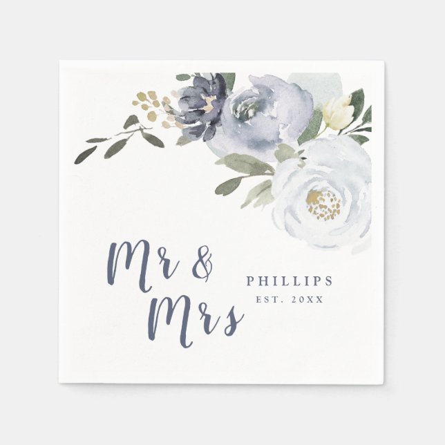 Blooming botanical dusty blue floral Mr. & Mrs. Napkins (Front)