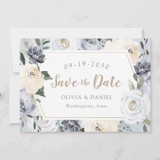 Blooming botanical dusty blue floral save the date