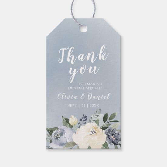 Blooming botanical dusty blue floral thank you gift tags