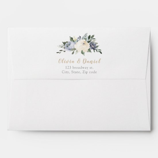Blooming botanical dusty blue floral wedding envelope