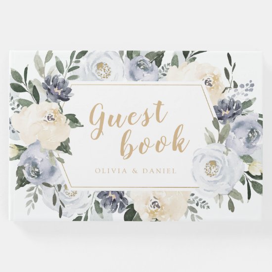 Blooming botanical dusty blue floral wedding guest book
