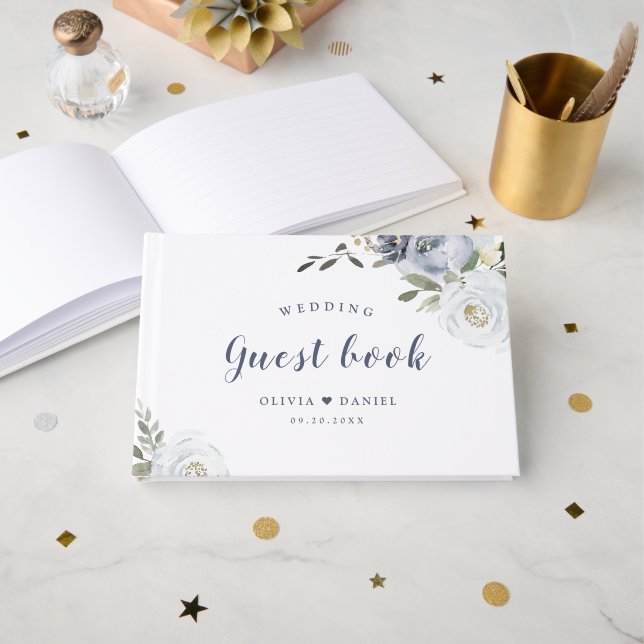 Blooming botanical dusty blue floral wedding guest guest book (Front Open)