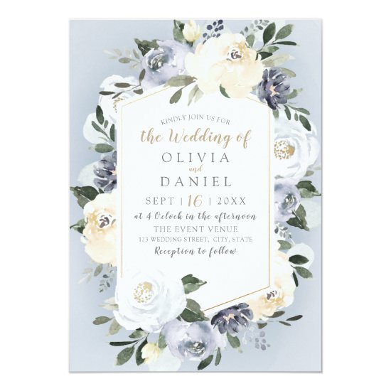 Blooming botanical dusty blue floral wedding invitation