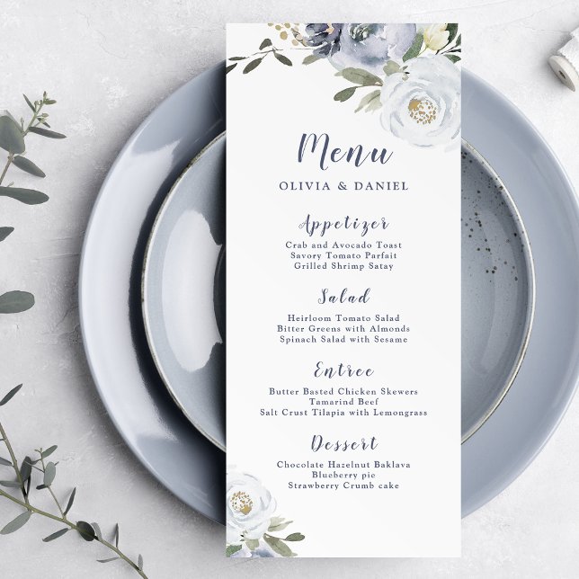 Blooming botanical dusty blue floral wedding menu (Blooming botanical dusty blue floral wedding menu)