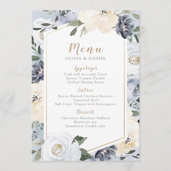 Blooming botanical dusty blue floral wedding menu