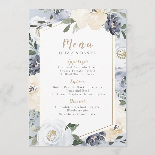 Blooming botanical dusty blue floral wedding menu (Front)