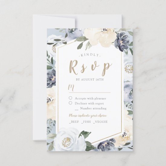 Blooming botanical dusty blue floral wedding RSVP card