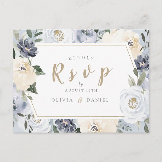 Blooming botanical dusty blue floral wedding RSVP Invitation Postcard
