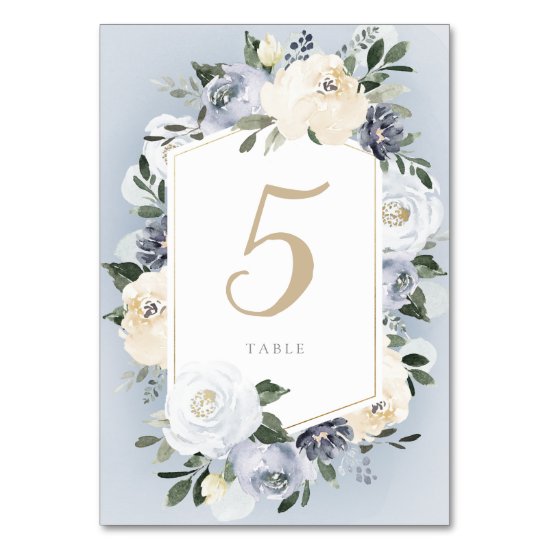 Blooming botanical dusty blue floral wedding table number