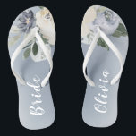 Blooming botanical dusty blue personalized bride flip flops<br><div class="desc">Watercolor botanical floral and greenery in soft yellow,  dusty blue,  and gray,  elegant and romantic,   great personalized gifts for bride</div>