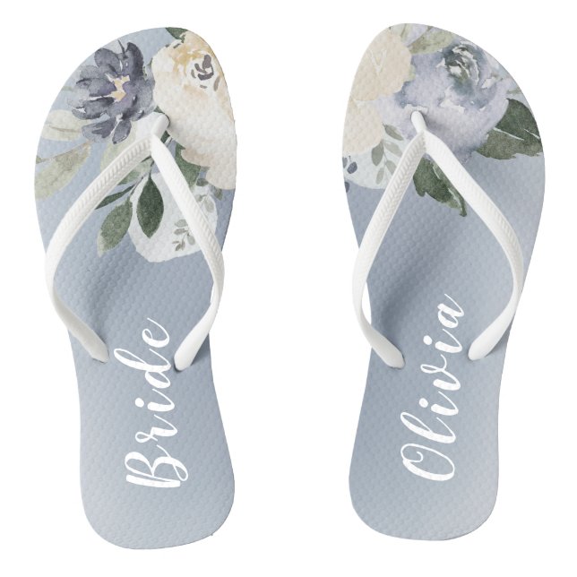 Blooming botanical dusty blue personalized bride flip flops (Footbed)