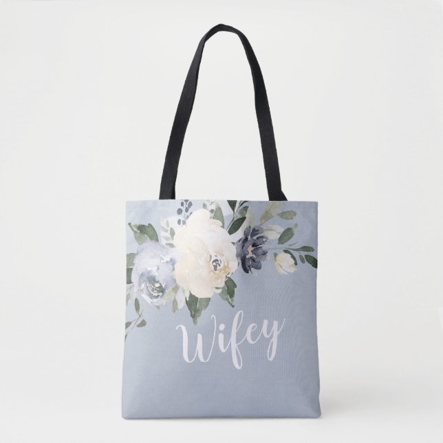 Blooming botanical dusty blue personalized wifey tote bag (Front)