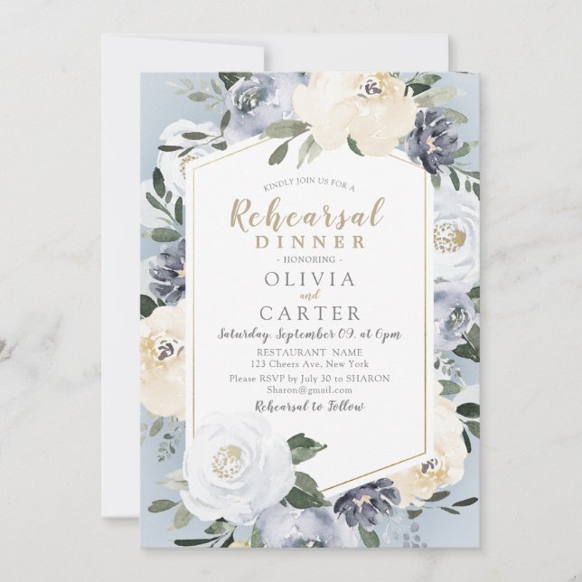 Blooming botanical dusty blue rehearsal dinner invitation (Front)