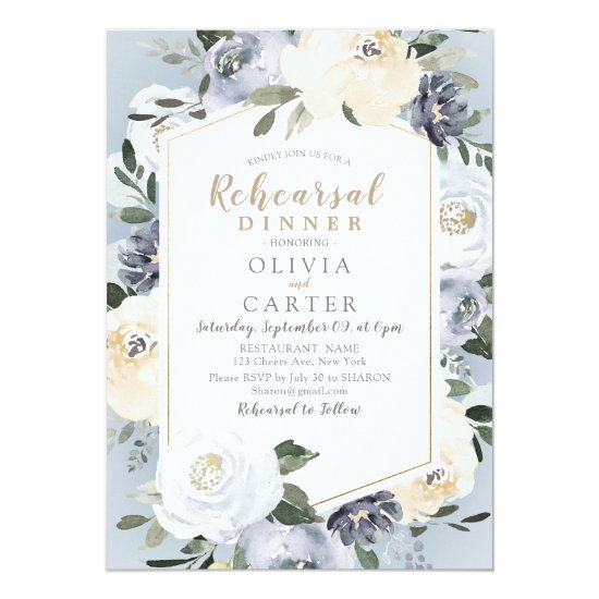 Blooming botanical dusty blue rehearsal dinner invitation