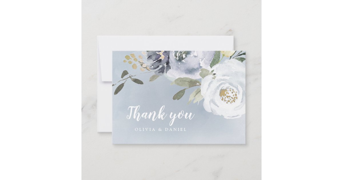 Blooming botanical dusty blue watercolor floral thank you card | Zazzle