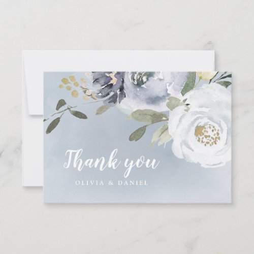Blooming botanical dusty blue watercolor floral thank you card