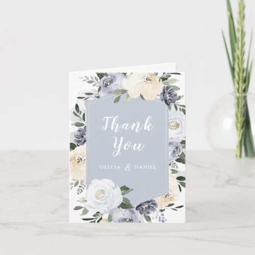 Blooming botanical dusty blue watercolor floral thank you card