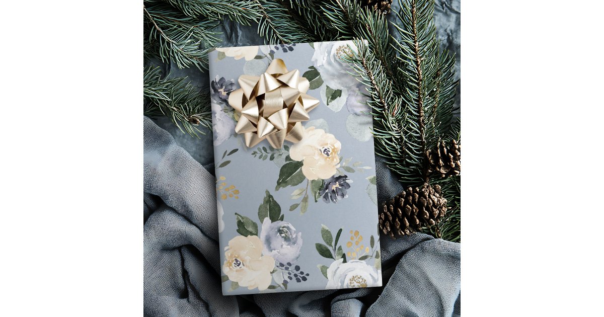 Blooming botanical dusty blue watercolor floral wrapping paper | Zazzle