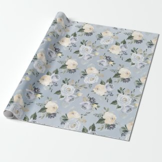 Blooming botanical dusty blue watercolor floral wrapping paper