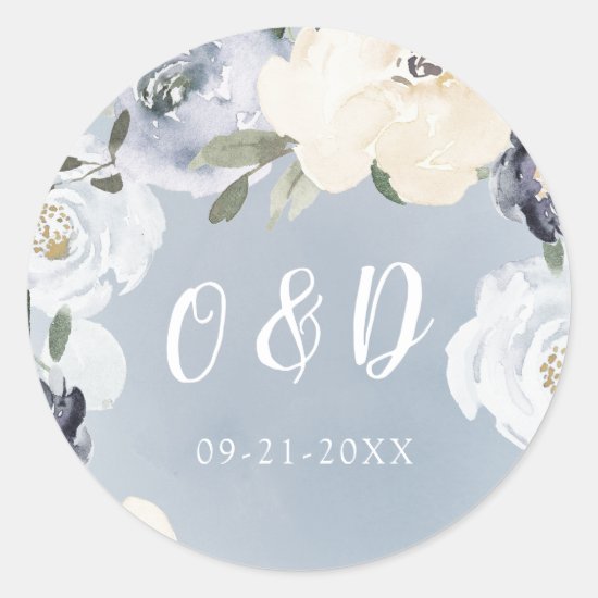 Blooming botanical dusty blue Wedding monogram Classic Round Sticker