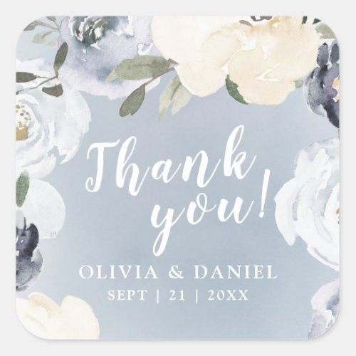 Blooming botanical dusty blue wedding thank you square sticker