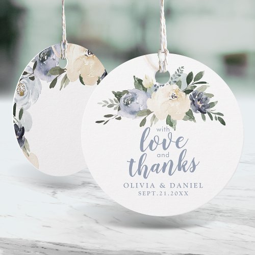 Blooming botanical dusty blue with love and thanks favor tags