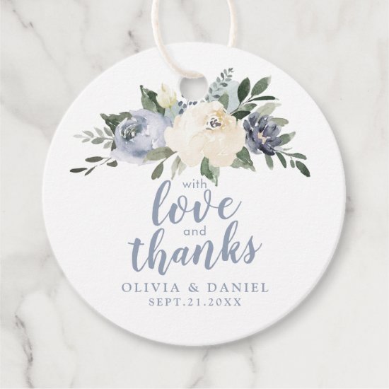 Blooming botanical dusty blue with love and thanks favor tags