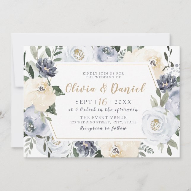 Blooming Botanical gray watercolor floral wedding Invitation (Front)