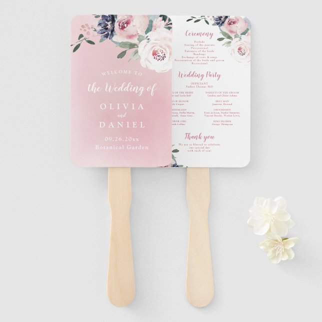 Blooming botanical pink floral wedding program hand fan (Front and Back)