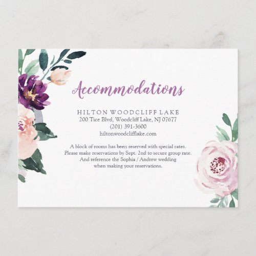 Blooming botanical purple floral accommodation enclosure card