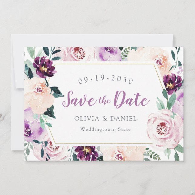 Blooming botanical purple floral save the date (Front)