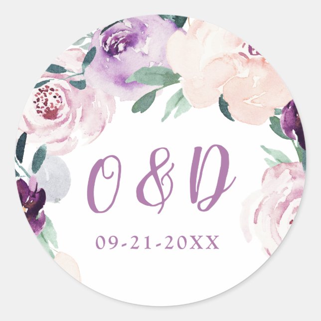 Blooming botanical purple floral Wedding monogram Classic Round Sticker (Front)