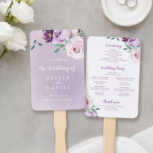 Blooming botanical purple floral wedding program hand fan (Blooming botanical purple floral wedding program hand fan)