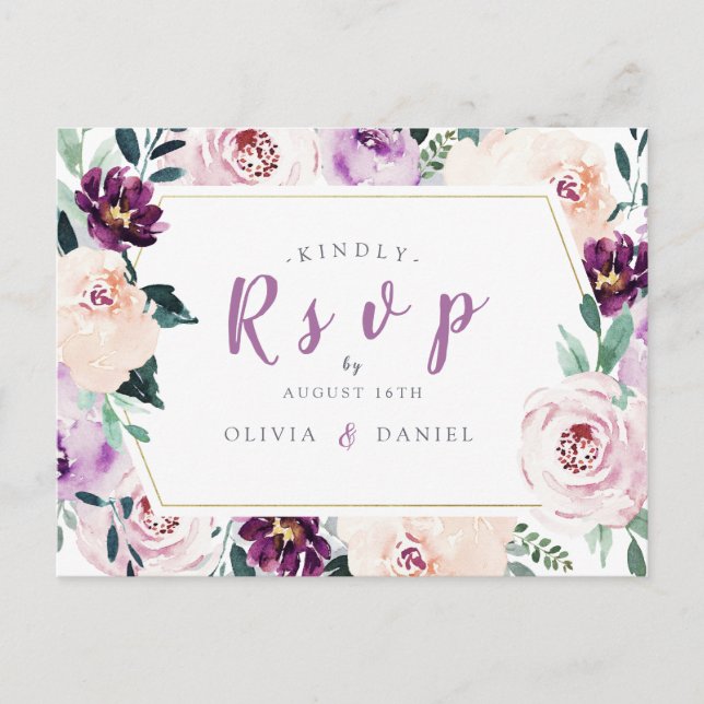 Blooming botanical purple floral wedding RSVP Invitation Postcard (Front)