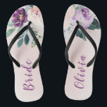 Blooming botanical purple personalized bride flip flops<br><div class="desc">Watercolor botanical floral and greenery in blush,  peach and purple,  elegant and romantic,   great personalized gifts for bride</div>